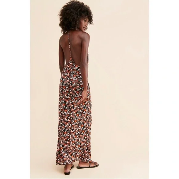 Free People Daria Halter Maxi Dress Size L Black Orange Low Back Wrap Slit Plun… - Picture 6 of 9